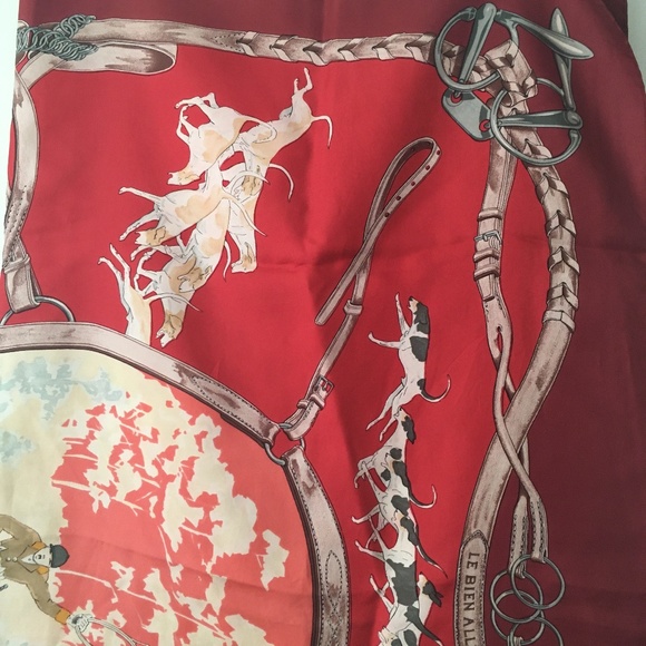 Genuine HERMES Red Burgundy LA BIEN ALLER by J de Fougerolle Silk Scarf - Picture 4 of 6